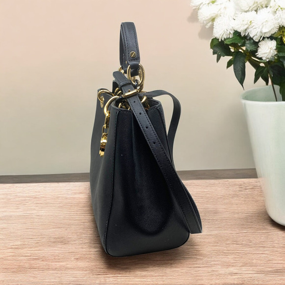 Michael Kors Cynthia Black Saffiano Leather Chain Handle Satchel Purse Bag - Picture 4 of 11